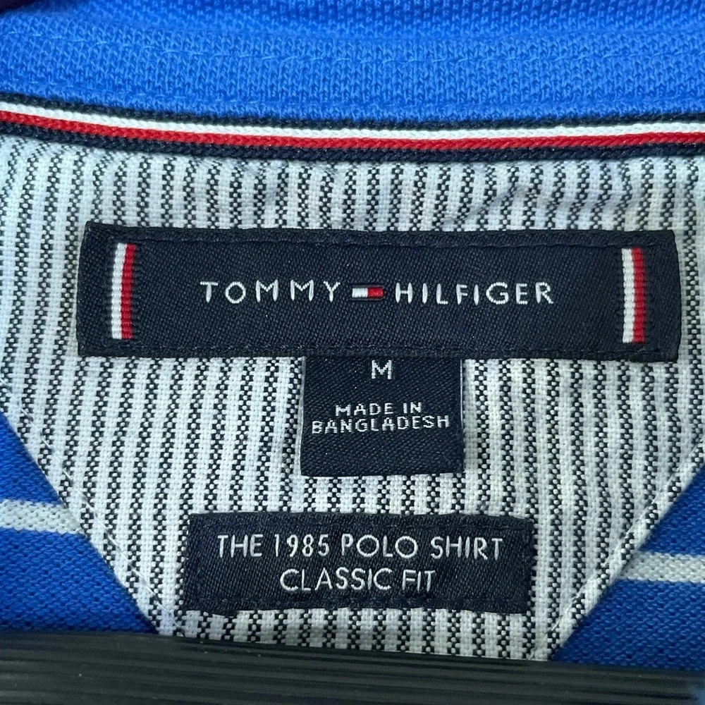 Tommy Hilfiger Polo Shirt Men's M Blue Cotton Blend Striped Classic Fit